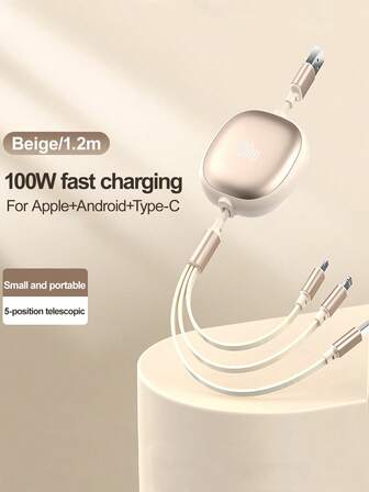 3-In-1 100W Fast Charging Charger Cable &Retractable One Tow Three Cable, Tpe Charging Data Line Compatible With Iphone And Compatible With Samsung Series, High Efficiency Charge Cable Nan