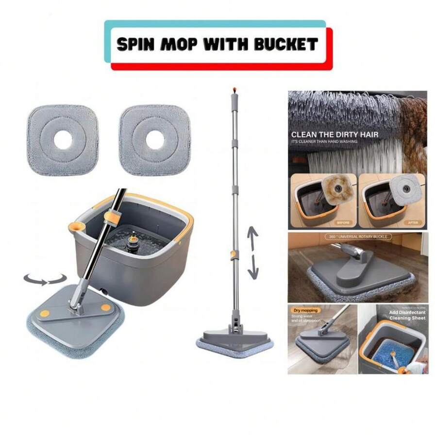 BOMIDI  Spin Mop And Bucket Set, Includes Dual Compartment Mop Bucket With Thick Washable Microfiber Pads Home Cleanin2025 - 旋轉拖把 灰色 - 查看 1