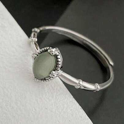 BALMORA 1 pieza Anillo de jade ovalado de plata esterlina S925 vintage, adecuado para niñas/mujeres/novias/madres, regalo retro para fiesta/cita, regalo de cumpleaños para uso diario