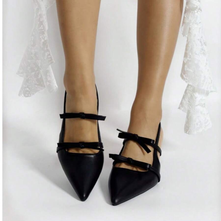 Spring/Summer New Bowknot Patent Leather Pointed Toe Stiletto High Heel Sandals With Ankle Strap - Black - View 1