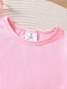 适合年轻女孩的卡通字母标语印花短袖 T 恤 - 粉色 - 查看 4