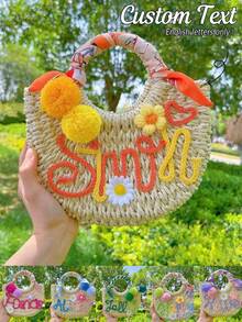 1pc Personalized Straw Woven Bag, Ribbon/Pom Pom/Crochet Flower, Fashion Letter Woven Tote Bag, Straw Handbag, Party Gift Bag, Bridesmaid Gift Basket - Multicolor - View 1