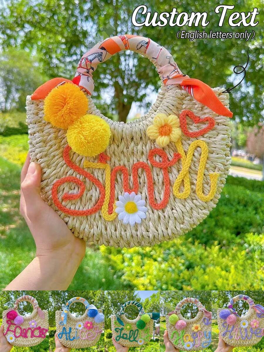 1pc Personalized Straw Woven Bag, Ribbon/Pom Pom/Crochet Flower, Fashion Letter Woven Tote Bag, Straw Handbag, Party Gift Bag, Bridesmaid Gift Basket - Multicolor - View 1