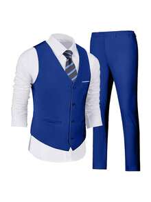 WindsorQuad Bộ vest nam 3 mảnh Furuyal, trang phục lịch lãm màu trơn dáng ôm dành cho quý ông, bao gồm áo gile, quần tây và cà vạt, phù hợp cho công việc, đám cưới, tiệc tùng, các dịp trang trọng, màu xanh hoàng gia, cỡ XS-3XL. - Xanh đậm - Xem 7