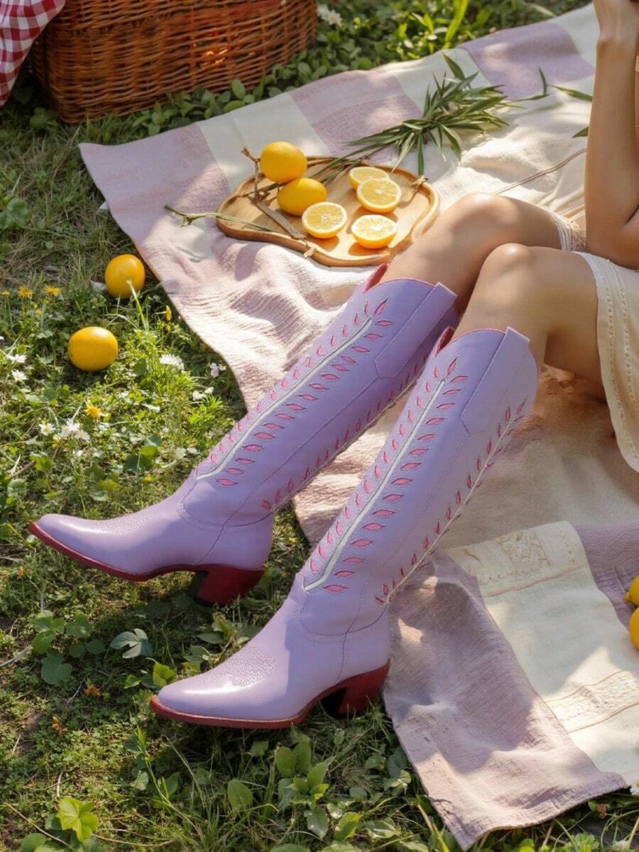 Kylasien Women's Poeple Knee High Boots Cowboy Boots For Women Wide Calf Chunky Heel Fashion Stylish Embroidered Western Cowgirl Boot