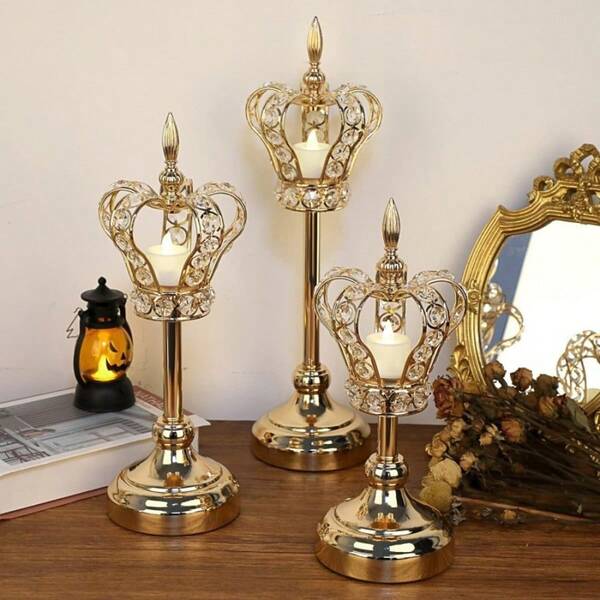 1/3 piezas Candelabro de corona de cristal, Candelabro dorado lujoso, Adecuado para decoración de mesa de boda, Navidad, decoración de cumpleaños, regalos para amigos, dormitorio, sala de estar, decoración del hogar, celebración de Año Nuevo, Día de San Valentín (Velas no incluidas)