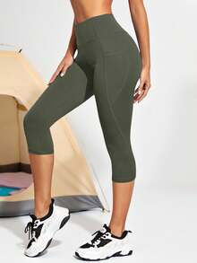Wide Waistband Phone Pocket Side Sports Leggings - Army Green - View 2