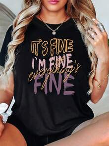 It'S Okay, I'M Okay, Everything Is Okay.Women'S Round Neck Short Sleeve T-Shirt With Printed Text For Spring And Summer - màu đen - Xem 1