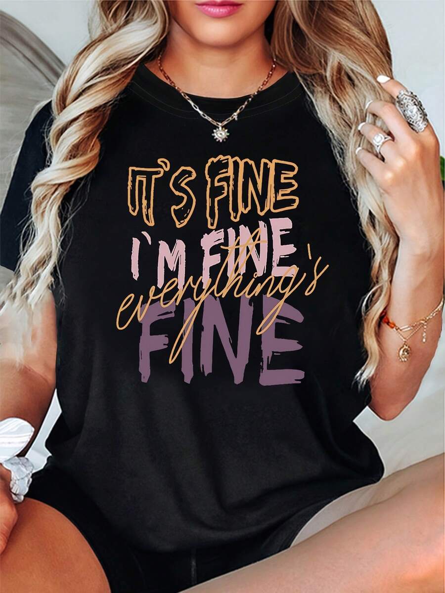 It'S Okay, I'M Okay, Everything Is Okay.Women'S Round Neck Short Sleeve T-Shirt With Printed Text For Spring And Summer - màu đen - Xem 1