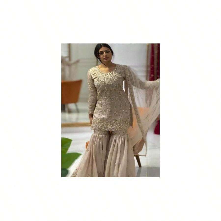 Cream Beige Wedding Wear Gharara Suit Set UK Next Day - Multicolor - View 1