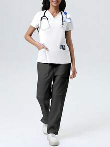 女士纯色V领短袖带口袋休闲护士服手术服上衣，手术服护士服临床手术服护士医生防尘工作服手术服上衣 - 白色 - 查看 5