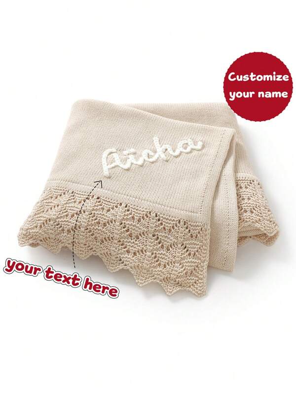 1 pieza Manta sólida con bordado personalizado de nombre y encaje delicado, manta suave y acogedora para niños, manta de bebé, apta para todas las estaciones