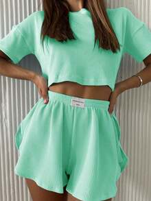 2-Pack Solid Color Mini Plaid Short-Sleeved Side Slit Wide-Leg Shorts Casual Thin Women's Pajamas Set Can Be Used At Home - Màu xanh Bạc hà - Xem 6