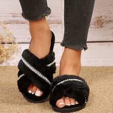 Women's Fluffy Criss-Cross Lined Slippers, Fluffy House Slippers, Warm Bedroom Slippers For Autumn/Winter - Black - View 7