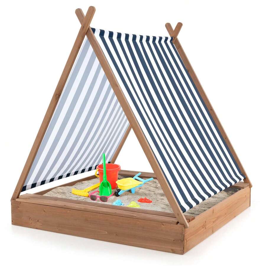 Lifezeal Wooden Sandbox With Canopy Tent Design Fir Wood Frame 2 Bench Seats Bottom - Brown - View 1