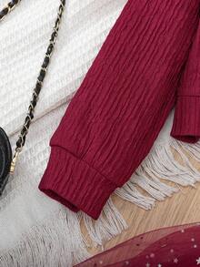 Conjunto de 2 piezas de chaqueta con textura de gofre con estampado floral y vestido con forro de malla con empalme de lazo acanalado para niña, uso casual, al aire libre, deportivo, primavera/otoño - Rojo - Ver 5