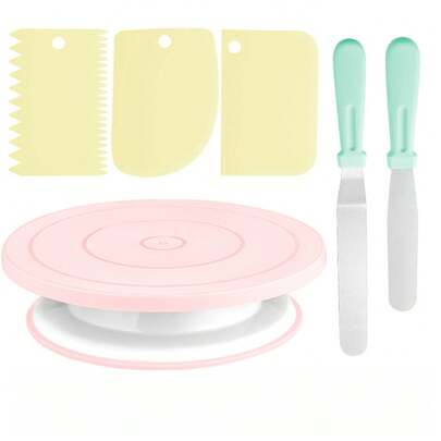 ケーキターンテーブル 6点セット (ヘラ・パレットナイフ付) 製菓道具 片手回転設計 省スペース収納 ベーキング初心者向け