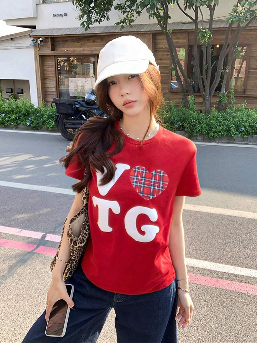 Back To School Cute Heart & Letter Print Casual Round Neck Short Sleeve T-Shirt For Women, Spring/Summer Red - Red - View 1