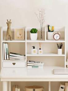 1 pieza Estantería vertical de escritorio de madera blanca y plástico, apta para dormitorio, sala de estar, estudio, oficina, dormitorio - Organizador de escritorio para maquillaje, perfume, joyería, papelería, artículos varios