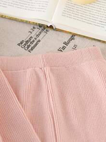 2pcs Sweet & Fashionable Round Neck Knit Top With Polka Dot Embroidery & Solid Color Pants Set For Baby Girls, Faux Button Burgundy Top With Ruffle Hem Pants