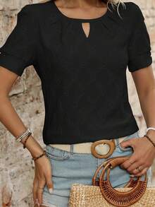 Women Summer Basic T-Shirt Casual Cutout Eyelets Short Sleeves Tops For Streetwear Aesthetic Grunge Clothes - Black - View 3