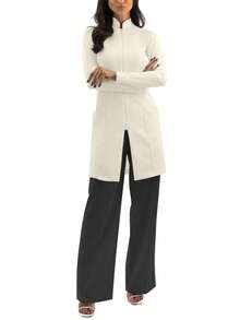 纯色拉链前襟双口袋实验服春季款 - 杏色 - 查看 6