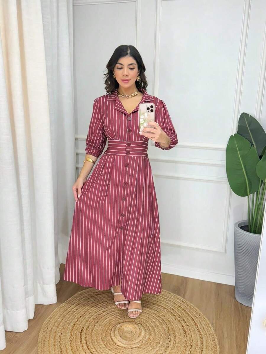 Striped Midi DressStripedElegantConservative / ModestPartyPocketButton - Màu Đỏ Sâu - Xem 1
