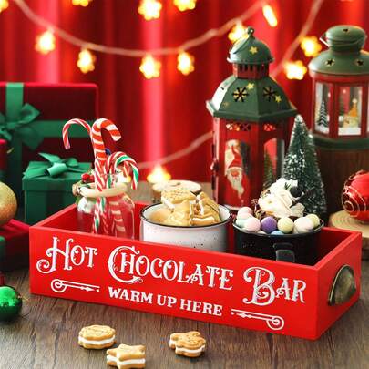 1 pieza Caja de almacenamiento de madera para chocolate caliente, decoración navideña para estación de café, organizador, cesta de almacenamiento para cápsulas de café de madera, soporte decorativo para barra de café, organizador de cesta para regalos navideños, suministros para el hogar y fiestas.