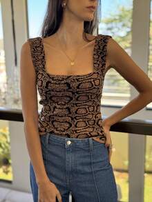 SQUARE TANK TOP SUMMER KNITTED WOMEN'S FASHION - 米色蛇 - 查看 3