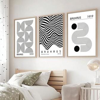 3 PiecesModern Bauhaus Art Canvas Set - High Quality, Waterproof, Optional Frame Black And White Geometric Printing, Suitable For Unique Home And Office Decor