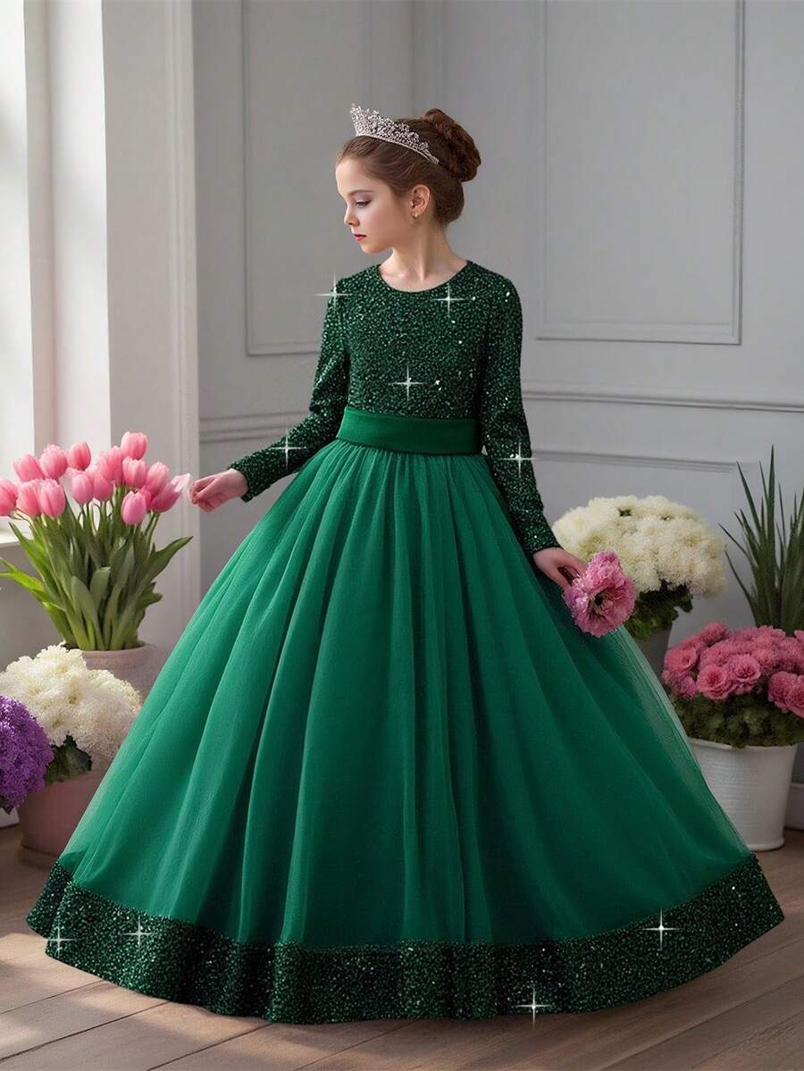 少女长袖亮片网纱奢华生日派对礼服，适合学校舞会、晚宴等场合，不含头饰 - 墨綠色 - 查看 1