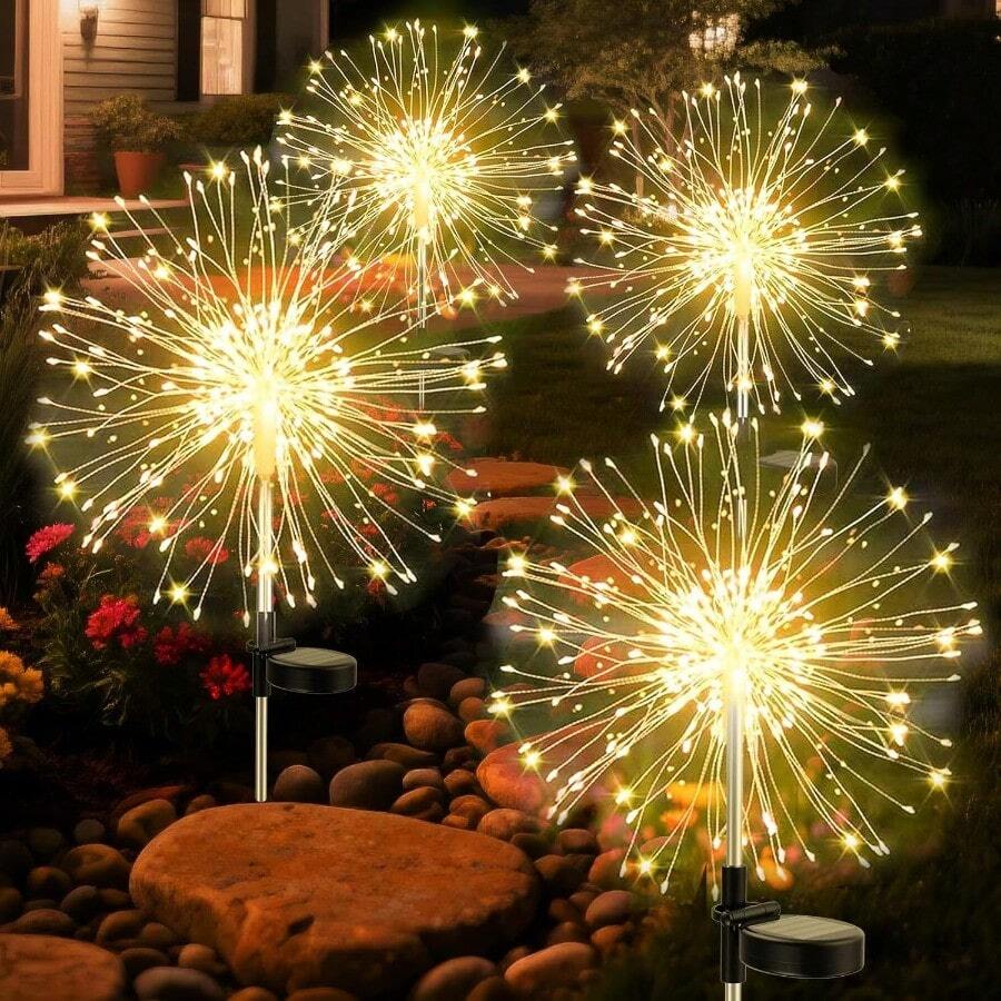 4pc Solar Fireworks Lights Outdoor Waterproof Garden Fairy Light Outside Solar Sparkles Landscape Lights 120 LED Decorative Outdoor For Backyard Patio Pathway Lawn Party Walkway Decor, 4 Pack