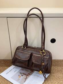 Large Capacity PU Tote Bag, Minimalist & Fashionable Women's Multi-Pocket Shoulder Bag, Solid Color Personalized Big Capacity Handbag - Coffee Brown - View 7