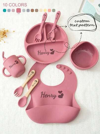 8PCS Print On Demand Custom Name Pattern Baby Silicone Tableware Set Personalized Customization Sucker Bowl Plate Leakproof Baby Cup Baby Bib Soft Spoons Forks,Halloween Edit,Back To School Fashion,Christmas Gift