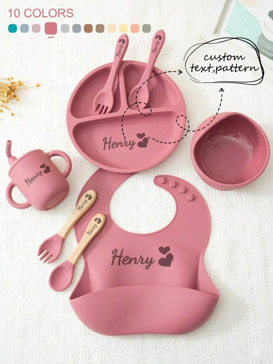 8PCS Print On Demand Custom Name Pattern Baby Silicone Tableware Set Personalized Customization Sucker Bowl Plate Leakproof Baby Cup Baby Bib Soft Spoons Forks,Halloween Edit,Back To School Fashion,Christmas Gift - Multicolor - View 1