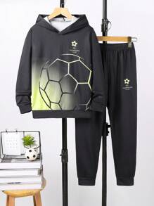 秋冬休闲3D数码印花连帽衫和裤子运动服，适合大童 - 黑色 - 查看 2
