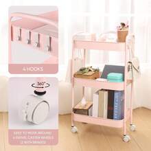 Back To School 3-Tier Metal Rolling Cart With Wheels Pink Student Dormitory Snack Study Tool Storage Cart With Handle And Lockable Universal Wheel Dormitory Must Have Artifact Kitchen Office Organizer Racks - Pink - View 7