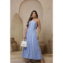 Women's Premium Halter Neck Long Striped Dress With Tie H-13 - 淺藍色 - 查看 1