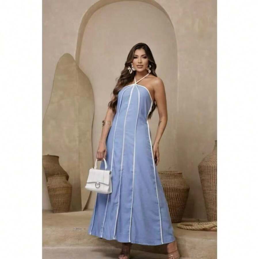 Women's Premium Halter Neck Long Striped Dress With Tie H-13 - 淺藍色 - 查看 1