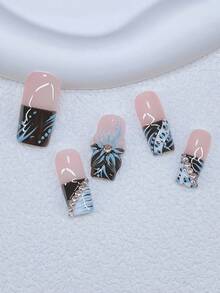 10 件 Y2K Nails 管状按压指甲套装 - 手工制作，黑色指甲，法式黑白渐变，手工 3D 花朵，蓝色花蕊，手绘蓝色花枝和蓝色斑马纹，手绘图案设计，闪亮水钻点缀 - 适合女士和女孩，派对、婚礼、日常佩戴，包含工具包。DIY 美甲。方形指甲。手工按压指甲。假指甲。美甲用品 - 彩色 - 查看 3