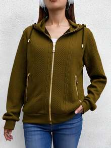 Cazadora tipo bomber con cremallera delantera, con detalle de bolsillo a los costados con cremallera, con capucha trasera, con cordones ajustables  Liso    Casual    Cremallera  Cordón  Canalé    Diario  Casa - Verde - Ver 2