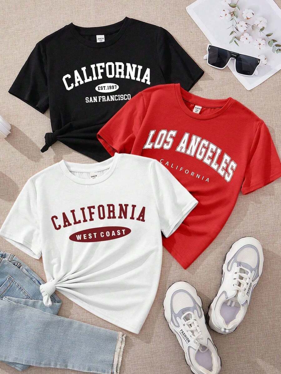 3 Pack Playera camiseta básica mujer dama cuello redondo manga corta estampado GRAFICO DE CALIFORNIA DIUDADES CITY LOS ANGELES GRAPHIC comodidad estilo uso diario oficina casa comoda | Caramelo Shop - Blanco - Ver 1