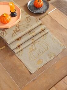 1pc Halloween Burlap Table Runner With Gold Foil Pumpkin Decor, For Living Room, Dining Room, Kitchen, Thanksgiving, Harvest Season, Autumn