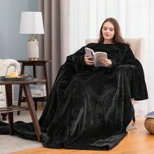 1pc Soft & Comfortable Black TV Blanket With Large Pocket, Multifunctional Wearable Snuggle Blanket, Anti-Static Flannel Throw Blanket