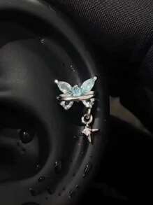 1 件闪亮镂空银色水钻蝴蝶 316L 不锈钢耳骨钉精致防水小耳环女士单只 - 銀色 - 查看 6