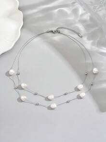 Colar de aço inoxidável com pérolas de dupla camada, 1 peça, adequado para roupas diárias femininas e presentes