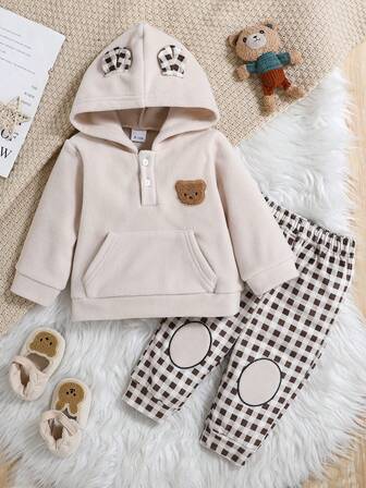 2pcs Baby Girls' Cute Bear Ear Embroidered Pocket Hoodie Sweatshirt & Plaid Elastic Waist Pants Casual Outfit, Spring/Autumn
