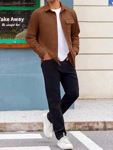 Mens Corduroy Button Down Jacket Casual Long Sleeve Shirts Ribbed Lightweight Shacket Jacket With Flap Pockethalloween - 棕色 - 查看 10