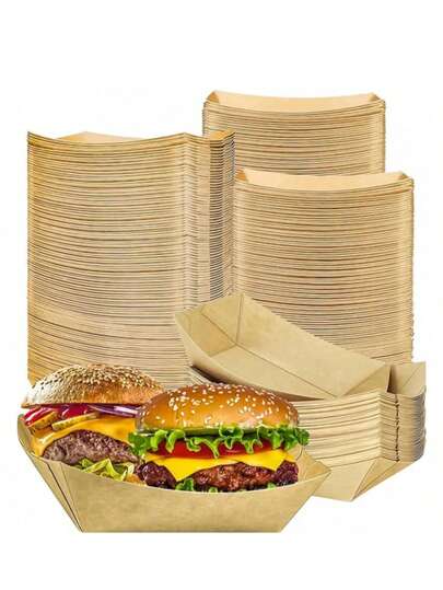 10/50/100pcs Kraft Paper Boat Box Food Tray, Disposable Oil-Proof Food Paper Tray, Portable Food Paper Tray For Family Picnic, Suitable For Picnic, BBQ, Fried Snacks, French Fries, Corn Flakes Snacks,Wedding Parties, Multi-Purpose Baking Tool, Kitchen Essentials, Kitchen Accessories, Halloween And Christmas Party Supplies