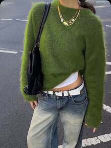 Vivid Style 女士柔软抓绒圆领套头衫，宽松柔软羊毛质感针织毛衣，街头风，圣诞节，圣诞毛衣，新年 - 綠色 - 查看 8